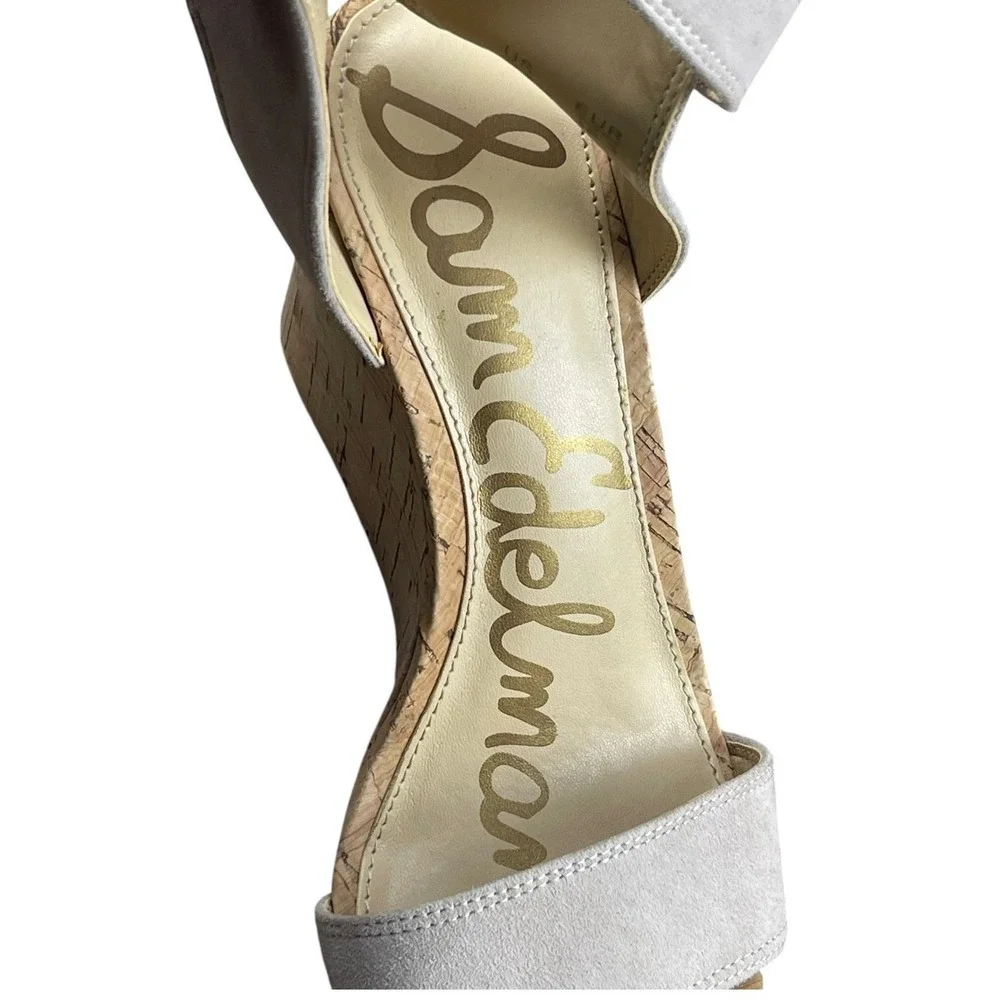 Sam Edelman Women Light Gray Suede Cork Wedge Sandals Size 6.5 Ankle Strap Shoes